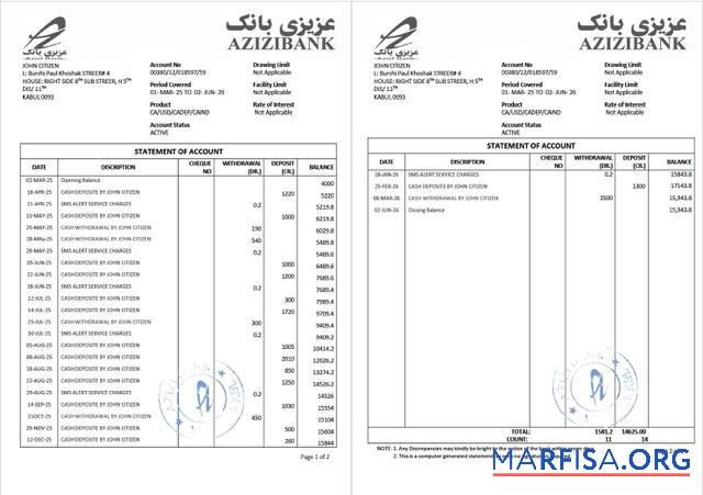Printable Afghanistan Azizi bank statement of account example